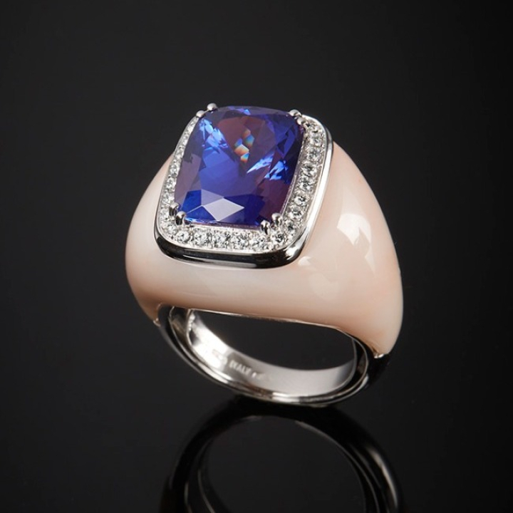 Flora, Anello con pietra di colore, diamanti e intarsio&nbsp;